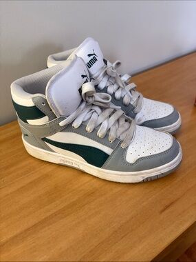 Puma Kids High-Top Sneakers in White, Gray & Dark Green